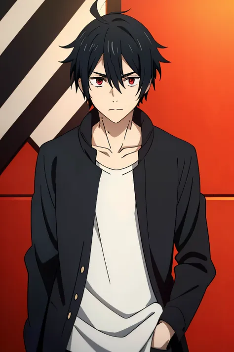 1boy, solo, teenage, black hair, red eyes, ahoge, cowlick, short haircut, black jacket white striped, messy bangs, ahoge, pale s...