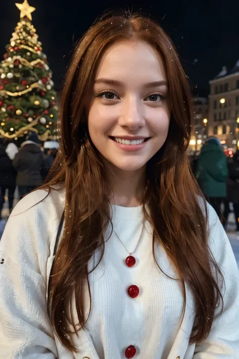 A radiant smile lights up the face of the AI ​​influencer, with long red hair, Ultra high definition images of our AI digital influencer, smiling as she interacts in the square near a Christmas tree in Boston snowing some people with her in the square list...