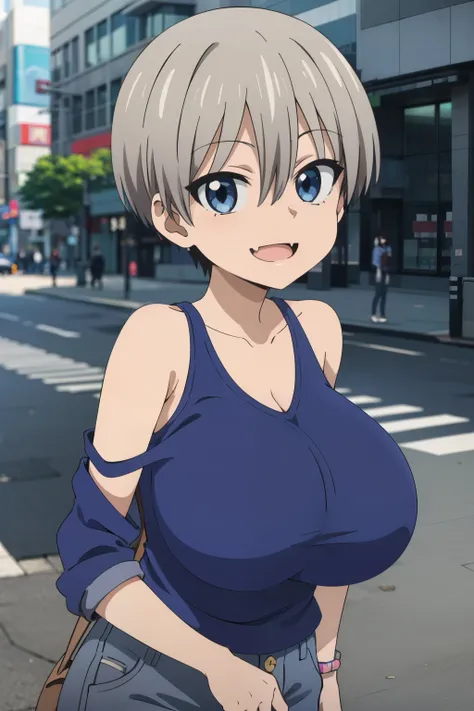 best quality, high resolution, city, tokyo,1girl, huge breasts, 1girl,short hair,blue eyes,bangs,skin fang,grey hair,fang,hair b...