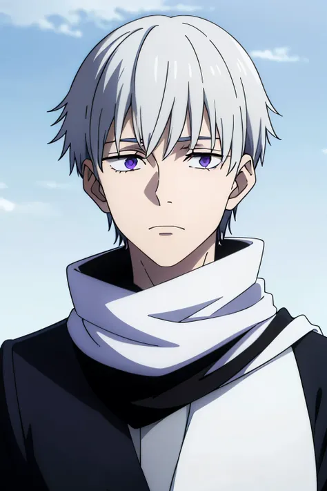 1boy, solo, teenage, white hair, violet eyes, short haircut, wolfcut hairstyle, mullet, black scarf, white shirt, long sleeves, ...