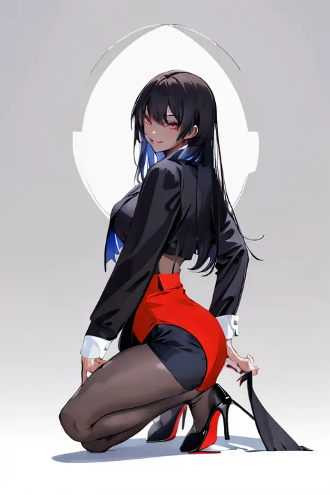 (masterpiece:1.2),best quality,PIXIV
,1girl,solo,long hair,pantyhose,skirt,looking at viewer,high heels,smile,black footwear,red skirt,white background,bangackground,long sleeves,full body,high-waist skirt,from side,one knee,black hair,pencil skirt,thigh s...