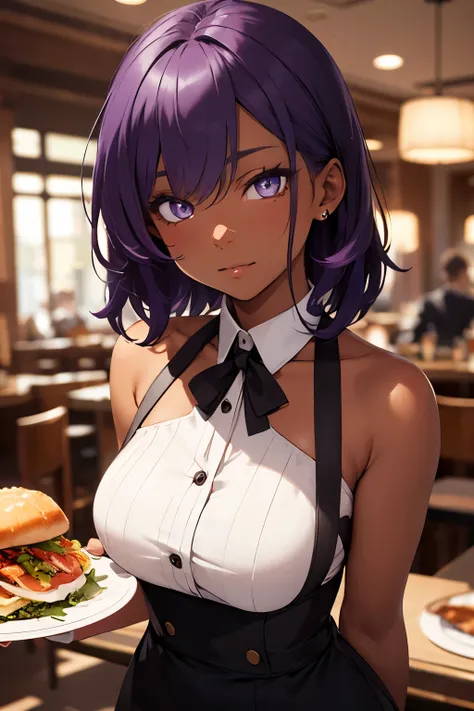 masterpiece, beautiful  detail, beautiful light and shadow, 1girl, dark skin, beautiful purple hair, beautiful eyes, straped high heels, teasing face, waiter uniform, resturant, blurred background