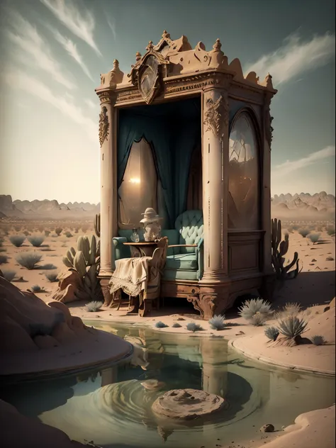 Absurd. Detailed. Hot dry desert, no relief, cracked earth. In the center of the frame is a huge baroque chair, armrests. The chair is woven from jets and streams of water, foam. The chair is made of moving water. The water sparkles in the sunlight, refrac...