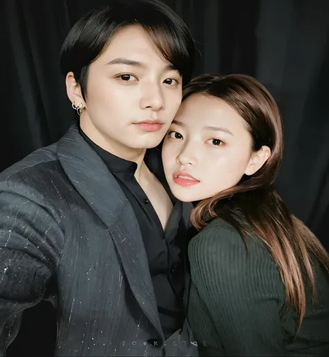 pareja de araffe posando para una foto delante de un fondo negro, jungkook, Pareja encantadora, con ella larga, Imagen filtrada, Taejune Kim, they are close to each other, KDA y Sam Yang, 😭 🤮 💕 🎀, con hiedra, 😭🤮 💔, Pose de pareja, Lv, celebridad, JIA, ✨🕌🌙,...