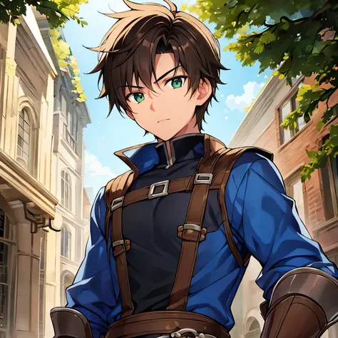 a 18-year-old teenage boy, brown short hair, short hair parted in the middle, bright green eyes, without a beard, without a goatee, no facial hair, Medieval, Adventurer.