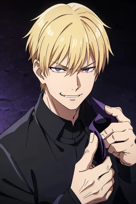 1boy, solo, teenage, blonde hair, violet eyes, short haircut, wolfcut hairstyle, black suit, black shirt, long sleeves, messy bangs, evil smirk
