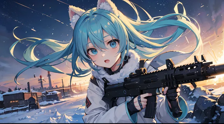 hatsune miku at war ,(winter), in military winter uniform ,fleeing from explosions and air raids ,((in detail)),((environment de...