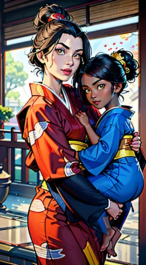 mother and daughters,(((dark skin, daughter))),((white skin,mother)),[azula], [(Avatar_the_Last_Airbender)], ((masterpiece:1.4)), ((high res:1.4)), ((High definition)), ((detailed shading)), ((anime girl)), {attractive; (black hair),side strands, side bang...