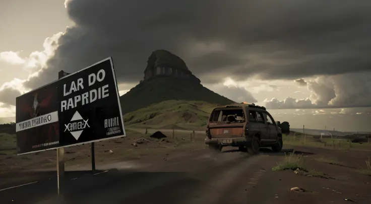 zombie running towards a sign with a car in the background, Vale do fundo maldito, a criatura vende um carro usado, 7 dias para morrer zumbi, Desolado com zumbis, Apocalipse de zumbis, Ataque de zumbis, Paisagem infernal real no fundo, arte surreal de horr...