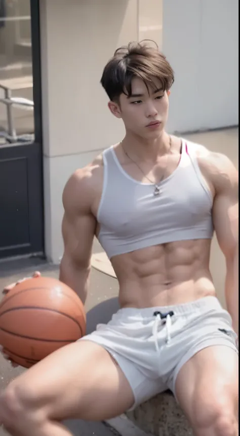 Man sitting on the floor with a basketball, muscular thighs, wearing a low-cut tank top, clothes open on his chest, muscular! white, korean muscle boy 2 1 year old, sports physique, bra and streetwear shorts, protruding muscles, wearing cropped and shorts,...