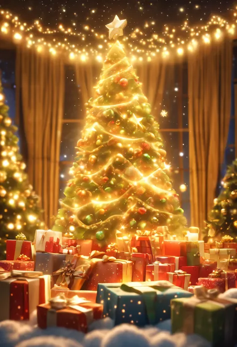 3D rendering, Cena da noite de Natal, with a big Christmas tree in the middle of the poster, adornado com luzes coloridas, starry curtains in the sky, e caixas de presente na neve. Um Papai Noel fofo e gentil segurando um presente, com um fundo amarelo que...