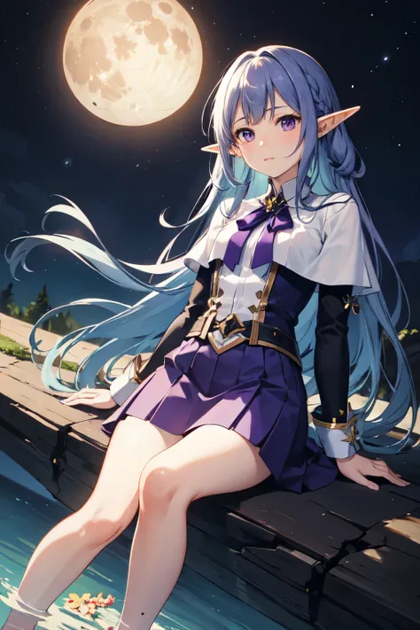 the elf，magia，chiquita，Purple eye，Purple skirt，magia，moon behind sky、precipice，sat on the ground，Long blue hair，