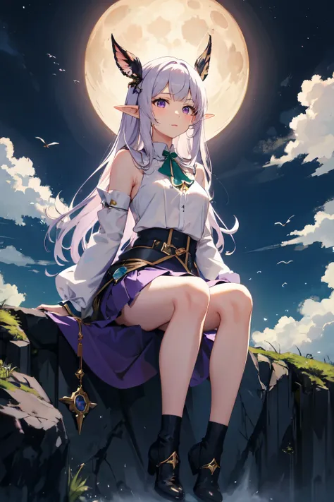 the elf，magia，chiquita，Purple eye，Purple skirt，magia，moon behind sky、precipice，sat on the ground，blue long hair