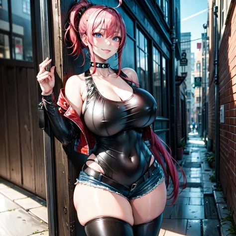 best quality, masterpiece, extremely detailed CG, extremely detailed 8K wallpaper, standing, HDR, 1girl, solo, outdoors, empty alleyway, cowboy shot, solo, looking at viewer, long hair, ponytail, red hair, intricate details, hyper detailed, Beautiful Nose,...