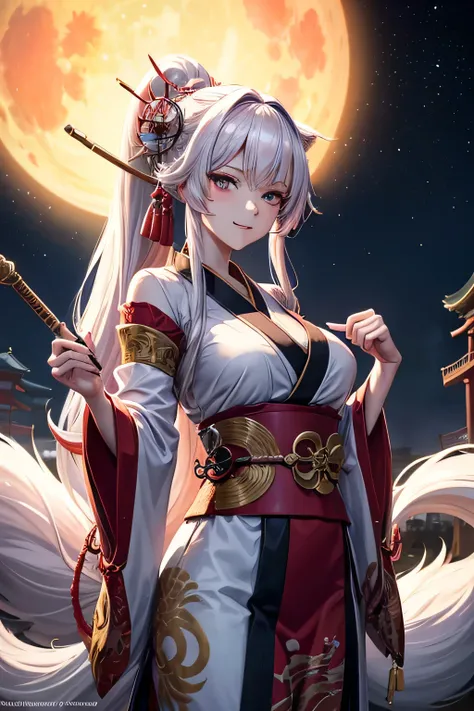 Ancient japanese shrine priestess, combat stance, Cute Girl, Kimono, Long white Hair in ponytail, fox ears, fluffy fox tail, red Full Moon, Haori, evil smirk, loli, holding a priestess staff, controlling fire, Ghosts and spirits flying around her, nighttim...