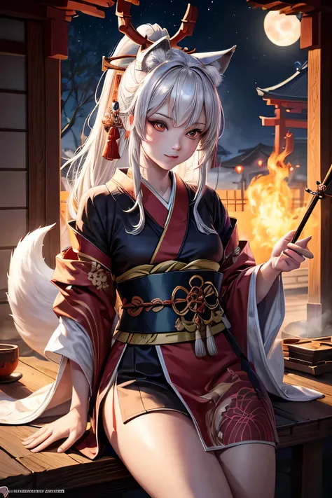 Ancient japanese shrine priestess, combat stance, Cute Girl, Kimono, Long white Hair in ponytail, fox ears, fluffy fox tail, red Full Moon, Haori, evil smirk, loli, holding a priestess staff, controlling fire, Ghosts and spirits flying around her, nighttim...