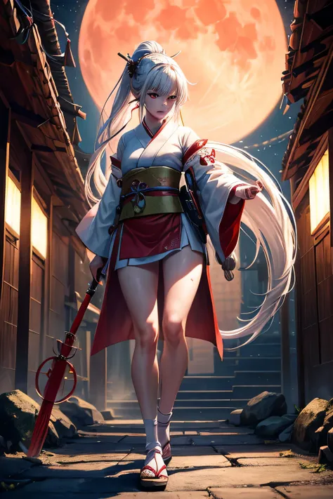 Ancient japanese shrine priestess, combat stance, Cute Girl, Kimono, Long white Hair in ponytail, little white fox guarding her,  red Full Moon, Haori, evil smirk, loli, holding a priestess staff, controlling fire, Ghosts and spirits flying around her, nig...