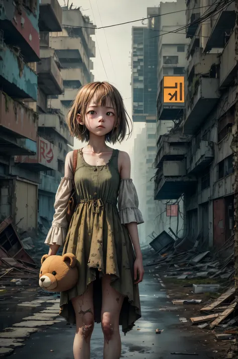 A lonely girl, holding a teddy bear, stands in a nuclear wasteland. The once thriving city now lies in ruins, with crumbling buildings and abandoned vehicles scattered amidst the desolation. Nature has started to reclaim the territory, with plants growing ...