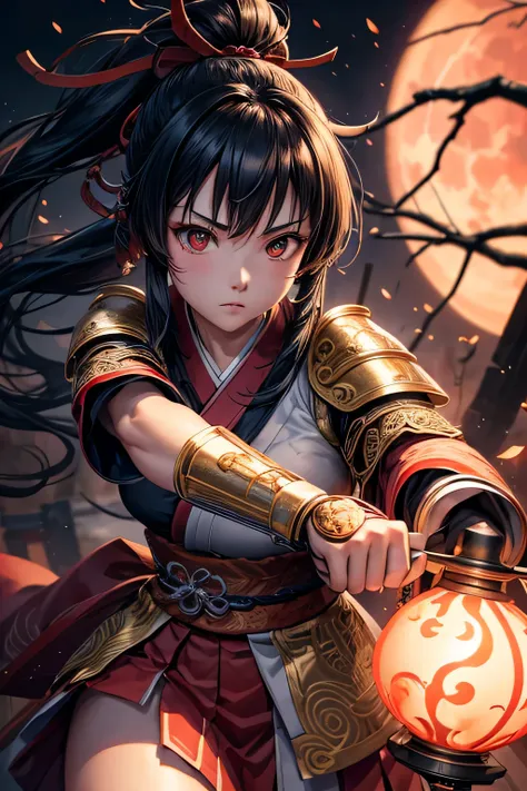 Ancient japanese shrine priestess, combat stance, light armor, ready to fight, evil mean look on her face, Cute Girl, Kimono, Long Hair in ponytail, ,  red Full Moon, Haori, loli, holding a priestess staff, controlling fire, Ghosts and spirits flying aroun...