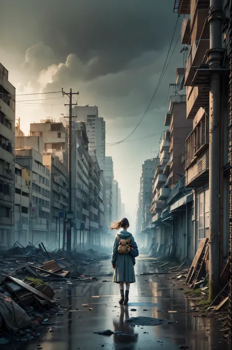 A lonely girl, holding a teddy bear, stands in a nuclear wasteland. The once thriving city now lies in ruins, with crumbling buildings and abandoned vehicles scattered amidst the desolation. Nature has started to reclaim the territory, with plants growing ...