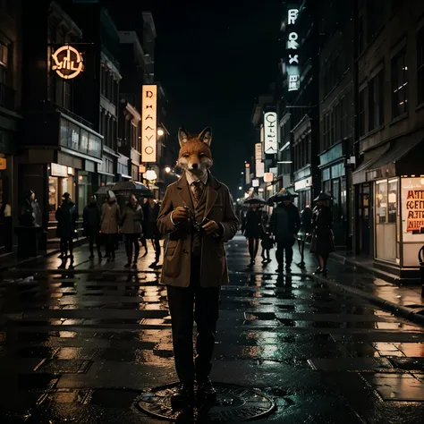 On a dark, rainy street, a fox dressed as a classic 1940s detective is holding a magnifying glass and investigating footprints. All around, other animals dressed as ordinary citizens are watching anxiously. A flashing neon sign reads "Animal Detective Agen...