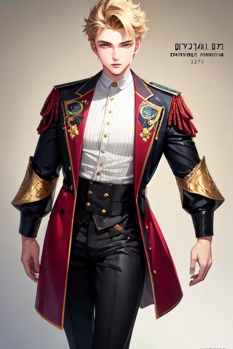 Positive canthal tilt, middle part medium dirty blonde hair, hunter eyes with lower set eyebrows, strong maxilla, white skin tone russian 21 years old young man, in old money outfit for fashion contest, strong jawline and straight posture, posing for photo...