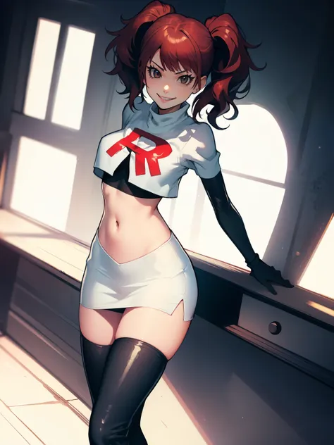 rise kujikawa (persona) ,glossy lips ,team rocket uniform, red letter r, white skirt,white crop top,black thigh-high boots, blac...