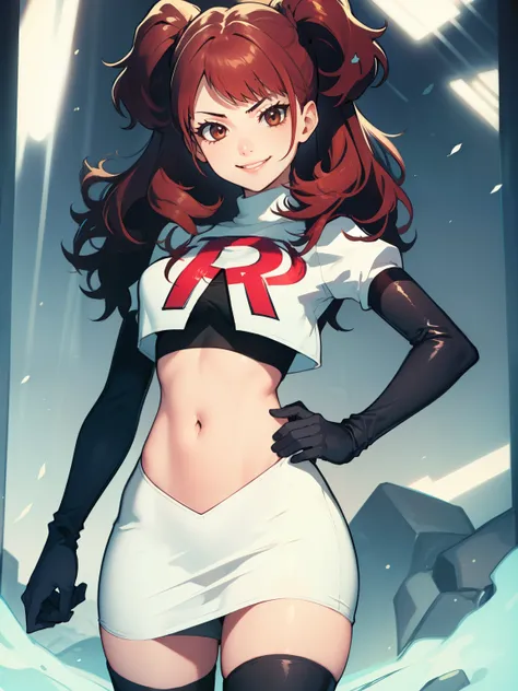 rise kujikawa (persona) ,glossy lips ,team rocket uniform, red letter r, white skirt,white crop top,black thigh-high boots, blac...