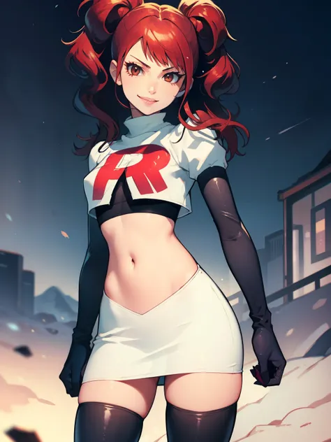 rise kujikawa (persona) ,glossy lips ,team rocket uniform, red letter r, white skirt,white crop top,black thigh-high boots, blac...