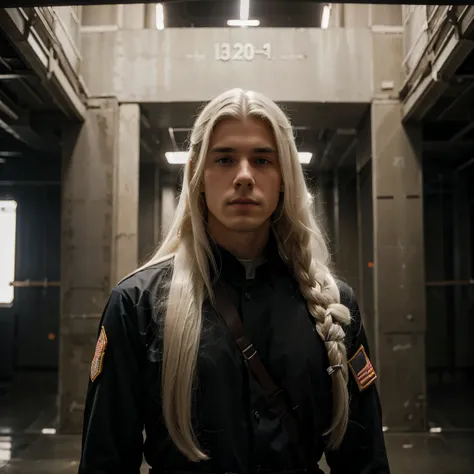 A male American soldier with long white hair, dark uniform and a cold look, stands in front of a large base.