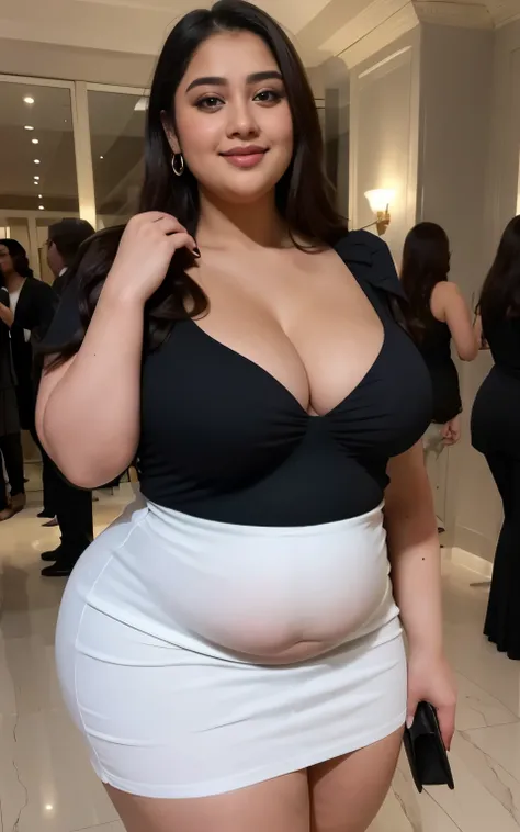 Indian bold fat plus size model, huge figure, massive, ((((chubby)))), chubby hands and thigh, ((((thicc)))), deep v, bbw, large breast, breast size largest, deep cleavage, white dress, miniskirt, tight dress, at a gala, at a party, sexy pose, seductive, v...