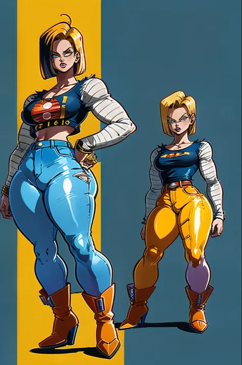 Android18, android 18 1girl, (sozinho:1.2), (Standing:1.3), (Interagindo:1.3), (mostrando perfil esquerdo), (mostrando corpo completo),( de lado), mostrando a lateral, mostrando diagonalmente, android 18 dragonball, android18 dragonball, (blue jeans), (col...