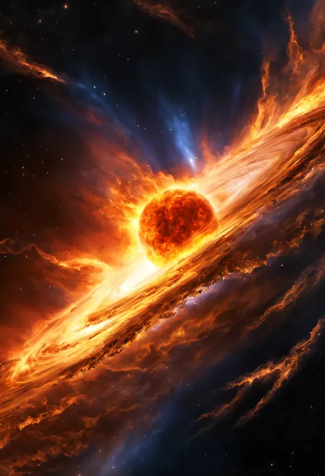 A magnificent solar storm scatters pieces of fire in space, its very textured and realistic. Magnificent