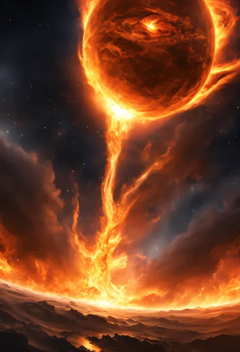 A magnificent solar storm scatters pieces of fire in space, its very textured and realistic. Magnificent