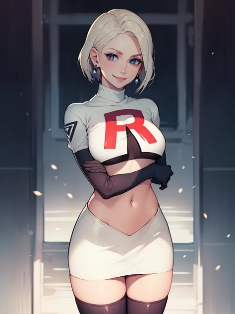 warmercedes, short hair, earings ,glossy lips ,team rocket uniform, red letter r, white skirt,white crop top,black thigh-high bo...