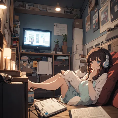 natta、Girl sitting listening to music in a cozy room, Use headphones, 2 d anime style, lo fi, hard disk, dark environment