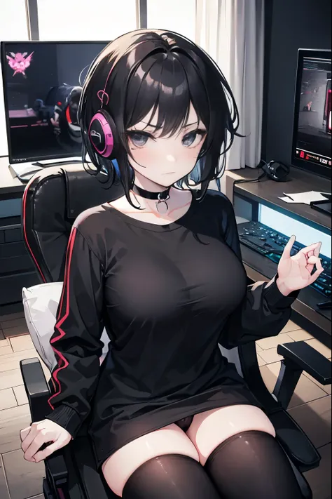 tomboy, small height, black curly short hair, black eyes, serious expression, blushed, huge breasts, breasts bigger than head, pale skin, slender figure, black panties, looking at viewer, sitting on gaming chair, gaming room, black gaming headphones, black...