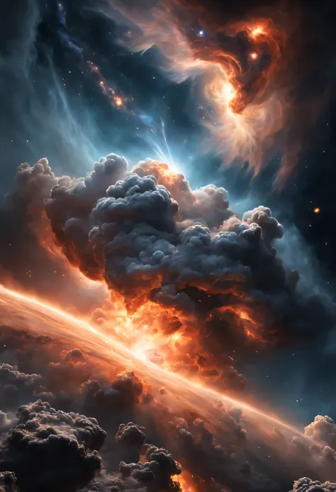 a magnificent and realistic stars storm scatters pieces of fire in space, it's very textured and realistic. magnificent cloud of...