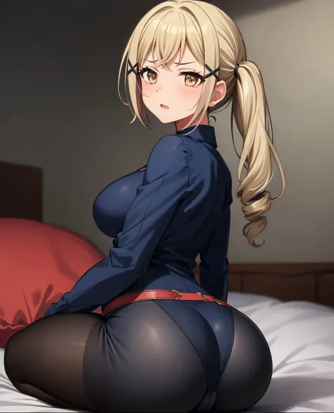 1girl, Arisa Ichigaya, x hair ornament, blonde with two ponytails in bodysuit), , large breasts, sitting on bedroll, thights, Crotch, ass pov, s face