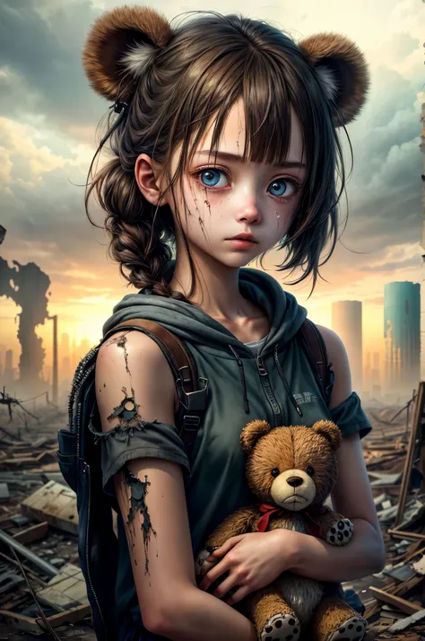 A lonely girl, holding a teddy bear, stands in the middle of a nuclear wasteland. The once vibrant civilization has crumbled, and nature has started to regain its territory. The desolation is evident as the landscape is filled with ruins and abandoned buil...