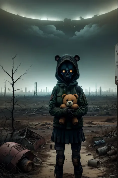 Lonely girl, holding teddy bear, nuclear wasteland, plants regaining territory, desolation, eerie atmosphere, (dark and moody:1.4), (loneliness:1.ost-apocalyptic:1.2).