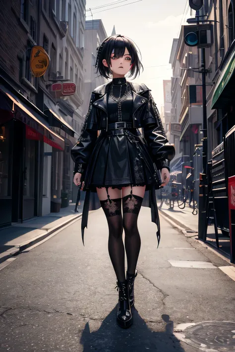 1girl, young girl, goth loli, dressed in black gothic dress, black torn stockings,  short black leather jacket, thick black make up, emotionless, lot of metal accessories and chains, tattoos, walking down the street, highly detailed, vibrant appearance, cr...