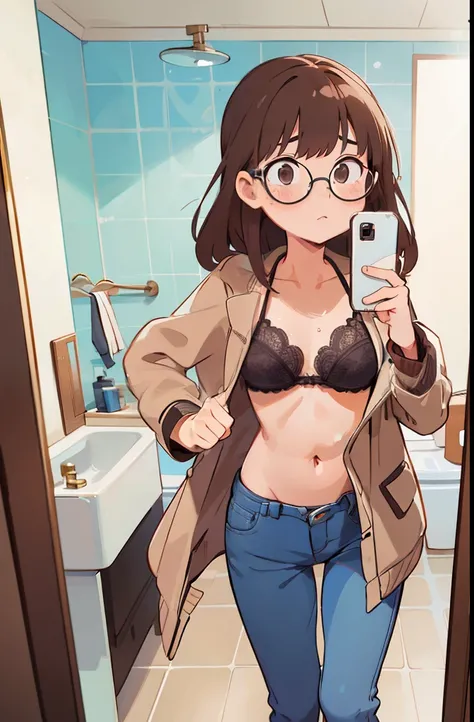 Girl, long brown hair, bangs, glasses and small frame, in winter coat and bikini, and jeans, in a public bathroom, bathroom, just a lacy bra under coat, no shirt under coat, small boobs, a cup, lacy bikini top, bikini, bikini under coat, bikini bra, bikini...