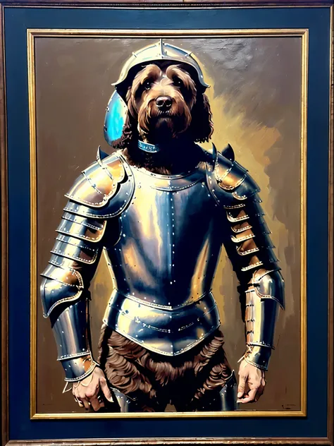 (Renaissance oil painting of a brown labradoodle in a suit of armor:1.3),(Labradoodle wearing a suit of armor:1.5), best quality, masterpiece, expressive, thrilling, 256k, epic, crepuscular lighting, Michelangelo, by Rafael, by Rubens:1.2), chiaroscuro, be...