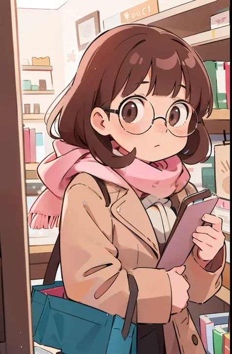 Girl, long brown hair, bangs, glasses and small frame, in winter coat and scarf, in a store, busy, shopping, just a pink bra under coat