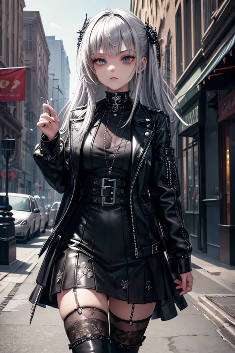 1girl, young girl, goth loli, silver hair, dressed in black gothic dress, black torn stockings,  short black leather jacket, thick black make up, emotionless, lot of metal accessories and chains, tattoos, walking down the street, highly detailed, vibrant a...