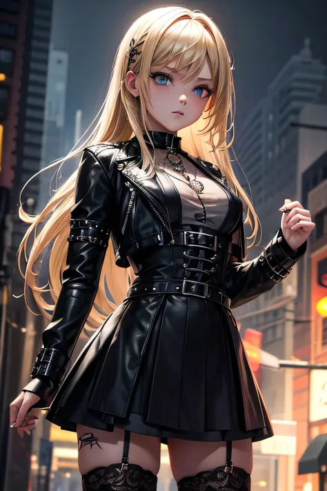 1girl, young girl, goth loli, blond hair, dressed in black gothic dress, black torn stockings, short black leather jacket, thick black make up, emotionless, lot of metal accessories and chains, tattoos, on the street, highly detailed, vibrant appearance, c...