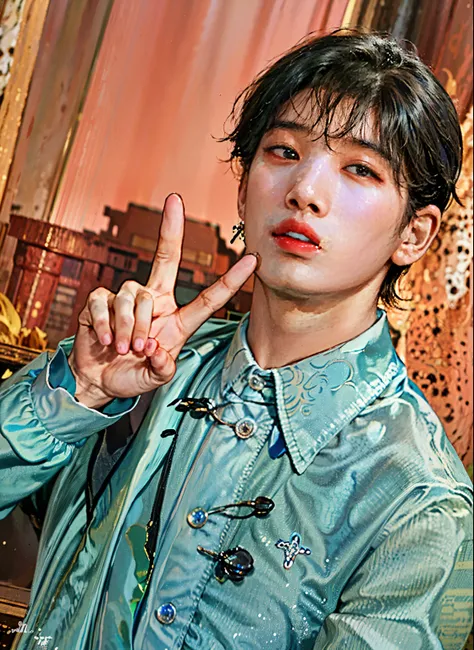 arafed man in a blue shirt  a peace sign with his hand, jungkook, cai xukun, jinyoung shin, hyung tae, kim doyoung, inspired by Kun Can, ten lee, wan adorable korean face, male ulzzang, taejune kim, inspired by Bian Shoumin, jinyoung shin aesthetic, shin j...