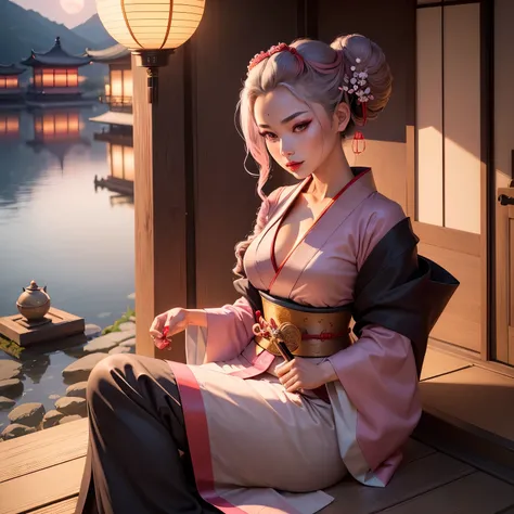 One samurai woman in geisha luxurious grey and pink long kimono rope, almond eyes, diamond shaped face, freckles on face, red lipsticks, wear geta Japanese shoes, cherry blossom, moon, lake, temple, lanterns, drinking tea, holding teapot, 4k fantasy, sexy ...