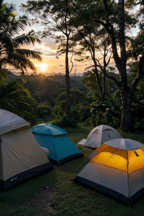 crie uma imagem com muitos jovens acampando, orando, in tropical forest in summer, ao nascer do sol